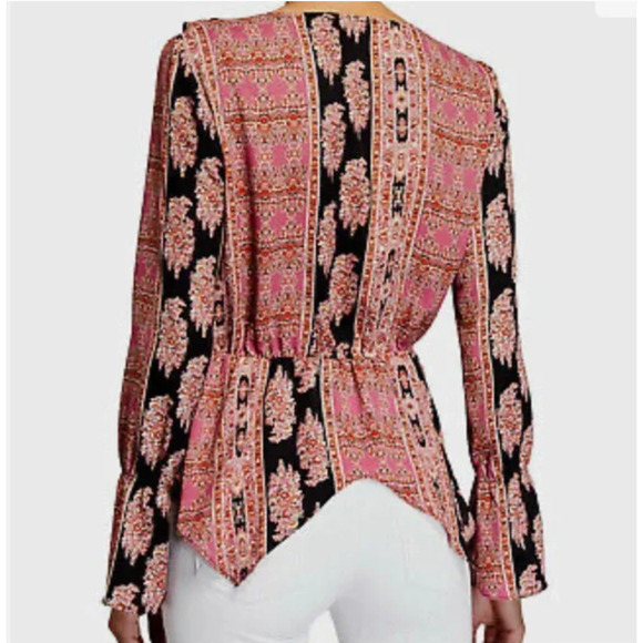 BCBGMAXAZRIA Printed Long Sleeve V-Neck Surplice Woven Asymmetrical Hem Blouse - Picture 4 of 15